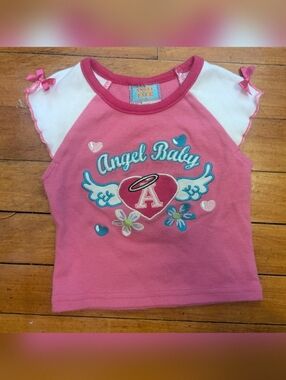 Y2K Angel Face Baby Girl Infant Sz 6/9 Months Pink T-Shirt Angel Baby Bows